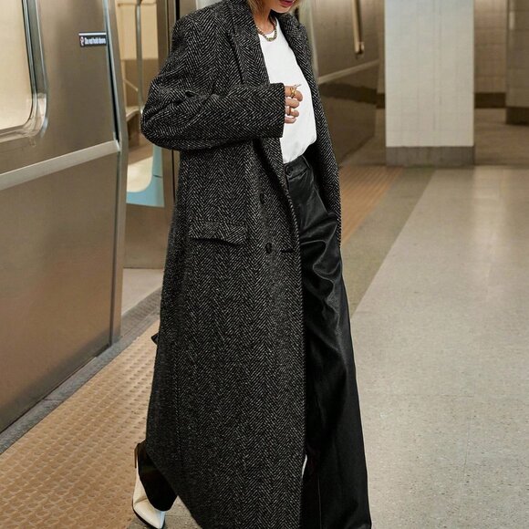 Black And White Casual Women's Double-Breasted Trench Coat - Picture 3 of 6